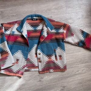 Blue B Southwestern Wool Knit Button Down Jacket - Teal, Rust, Cream